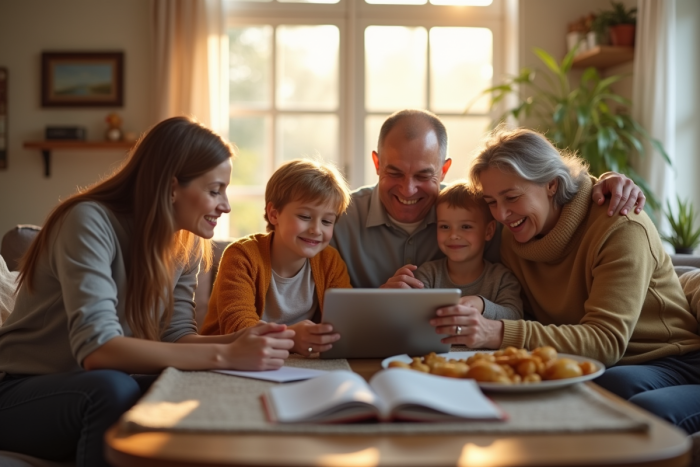 Famille multigenerations souriante autour d'une table avec tablette
