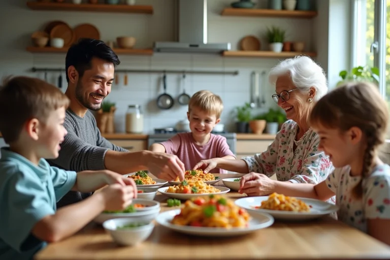 Famille multigenerational partageant un repas convivial à la maison
