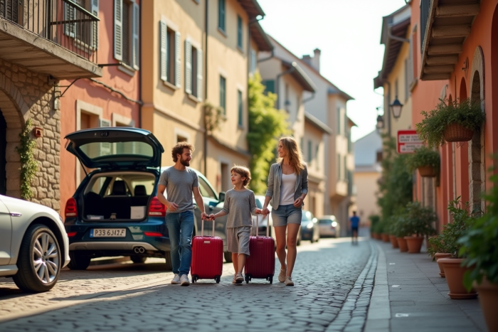 Famille déchargeant leurs bagages dans un village européen ensoleillé