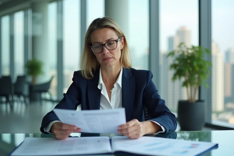 Femme d'affaires professionnelle en blazer marine analysant des rapports dans un bureau moderne avec vue sur la ville
