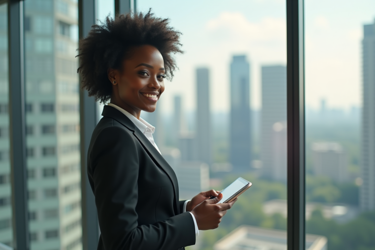 Femme d'affaires confiante souriante dans un bureau moderne