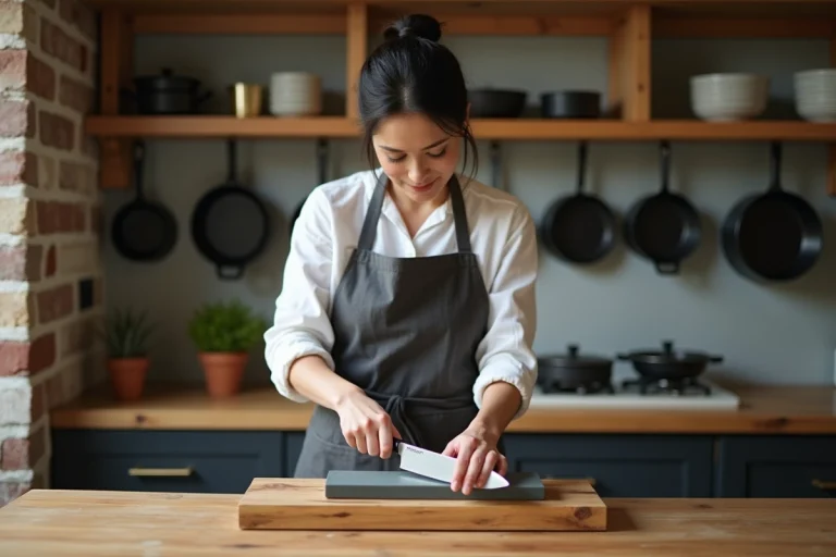 Femme qui affûte un couteau de chef japonais sur une pierre à aiguiser dans une cuisine moderne équipée