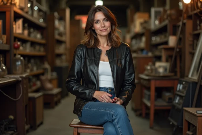 Femme confiante assise dans un entrepôt d'antiquités rempli d'objets de collection, ambiance télé-réalité américaine