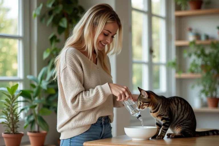 Femme versant de l'eau à un chat dans un salon lumineux