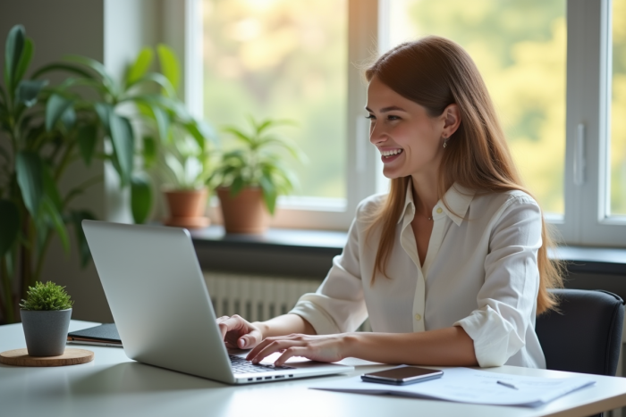 Jeune femme professionnelle vérifiant son compte bancaire en ligne