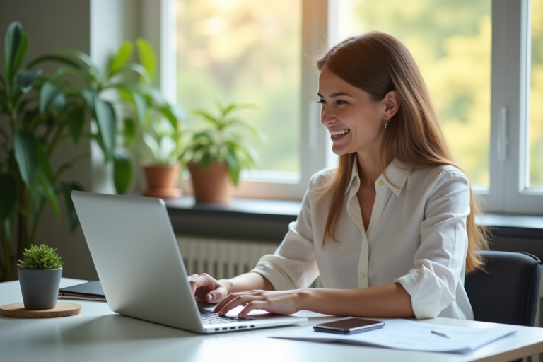 Jeune femme professionnelle vérifiant son compte bancaire en ligne