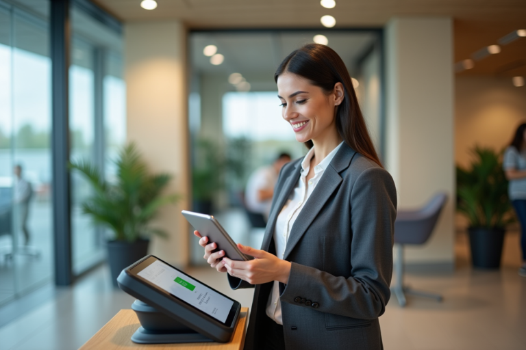 Jeune femme professionnelle utilisant une tablette en banque