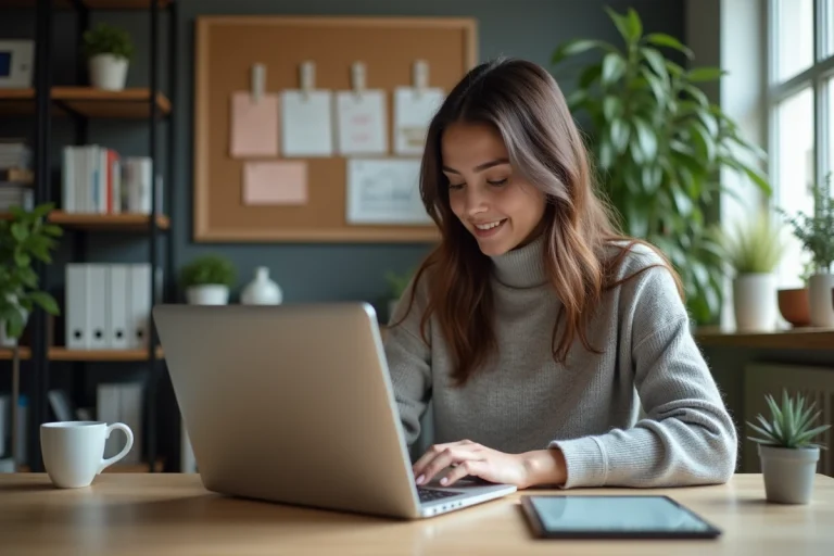 Jeune femme travaillant sur son ordinateur dans un bureau moderne