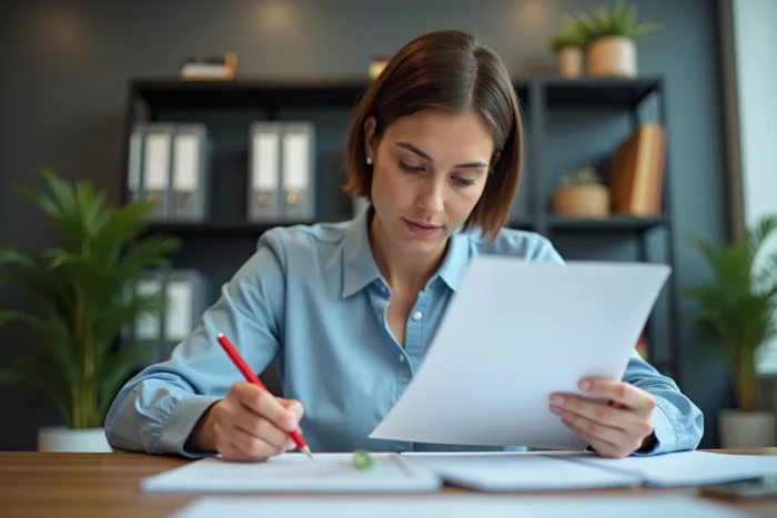 Femme en bureau annotant un projet avec un stylo rouge