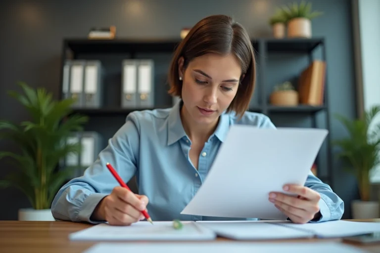 Femme en bureau annotant un projet avec un stylo rouge