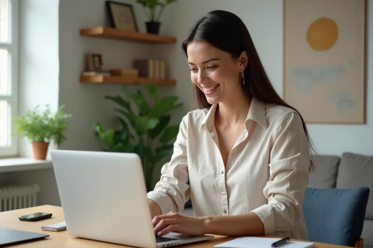 Femme souriante dans un bureau moderne avec ordinateur portable