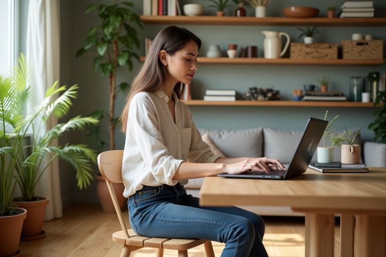 Femme en blouse en lin et jeans assise à un bureau moderne