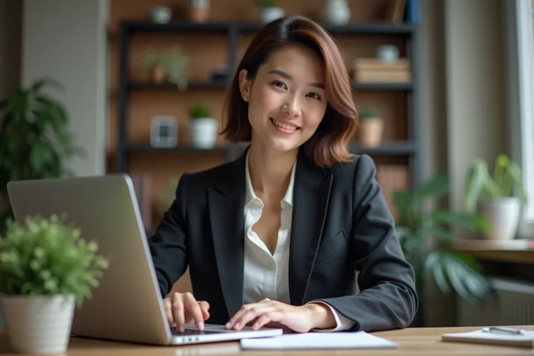 Femme d'affaires concentrée sur son ordinateur dans un bureau cosy
