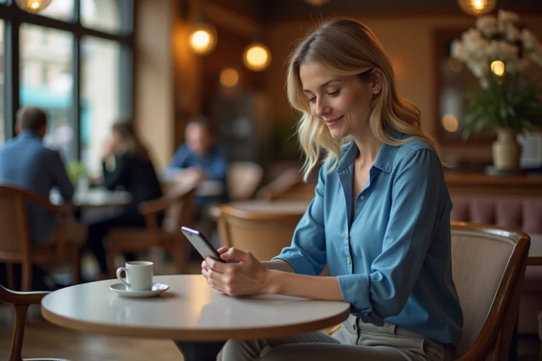Femme assise dans un café parisien en blouse bleue