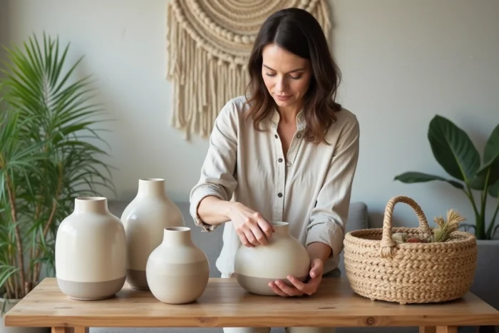 Femme arrangeant des vases en céramique dans un salon lumineux