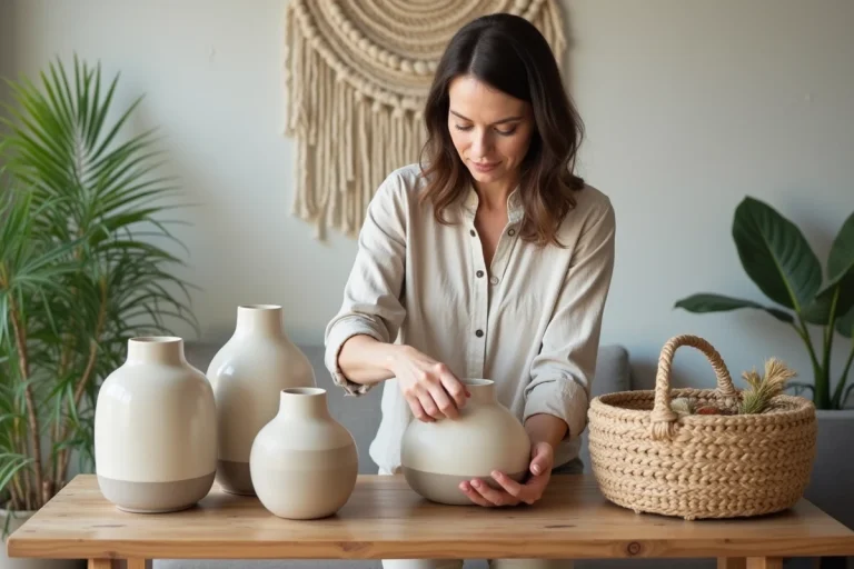 Femme arrangeant des vases en céramique dans un salon lumineux