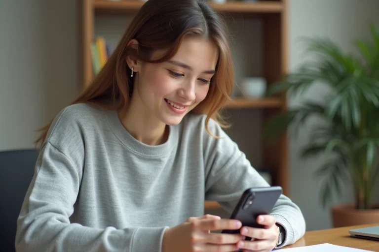 Jeune femme composant un message MMS sur son smartphone dans un bureau moderne