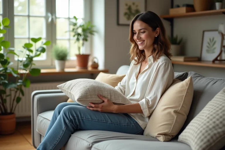 Femme arrangeant des coussins dans un salon lumineux