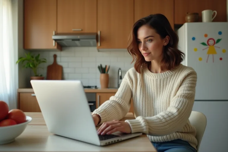 Femme assise à la cuisine avec ordinateur portable