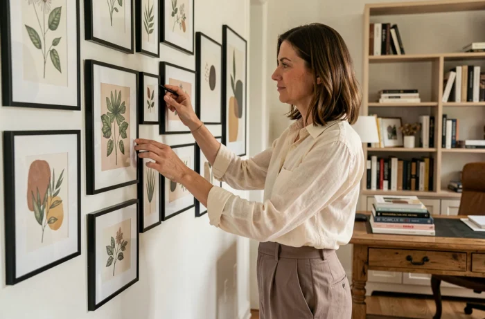 Femme brunette arrangeant des cadres décoratifs sur un mur galerie dans un bureau contemporain avec bureau en bois vintage et livres de design