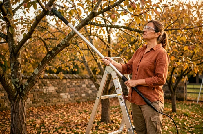 Femme utilisant une élagueuse télescopique électrique sur une échelle pour tailler les branches hautes d'un pommier en automne