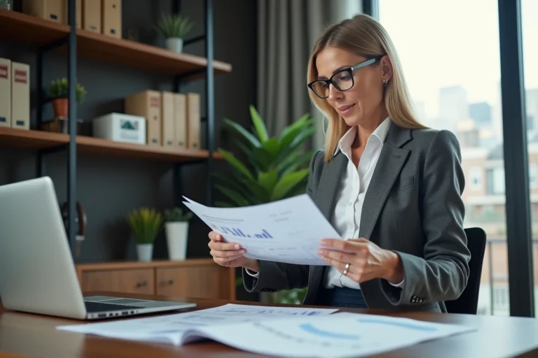 Femme d affaires examine un rapport immobilier dans un bureau moderne