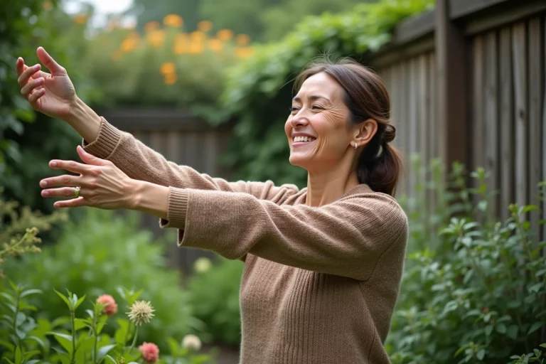 Femme méditative dans un jardin de plantes médicinales