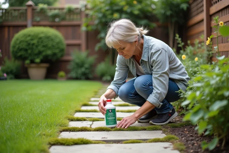 Femme en tenue de jardinage examinant la mousse entre pavés