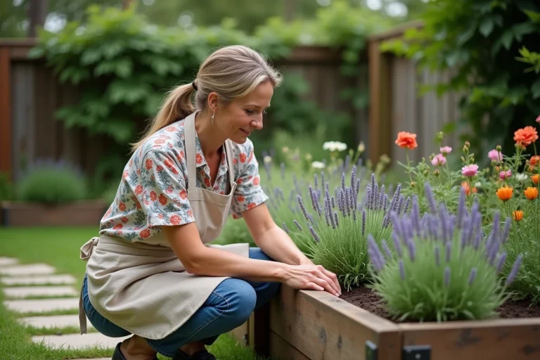 Femme jardinant dans un potager surélevé en bois entouré de lavande et d'herbes aromatiques dans un jardin paisible