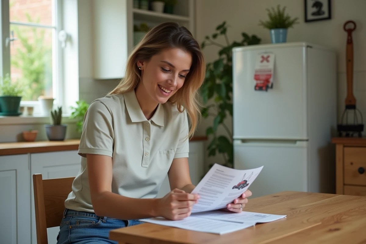 Femme lisant un manuel de tondeuse dans la cuisine lumineuse
