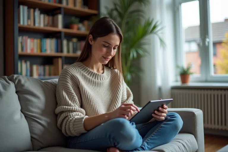 Jeune femme lisant des actualites sur une tablette dans un salon