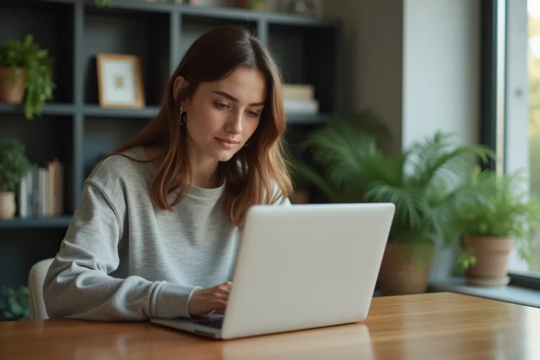 Femme concentrée sur son ordinateur à la maison