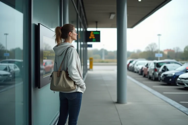 Femme consultant un panneau d'information numérique sur une aire d'autoroute pour trouver les services disponibles dont une douche