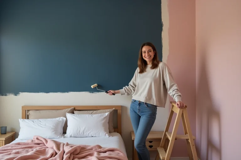 Femme souriante peignant un mur bicolore dans une chambre moderne