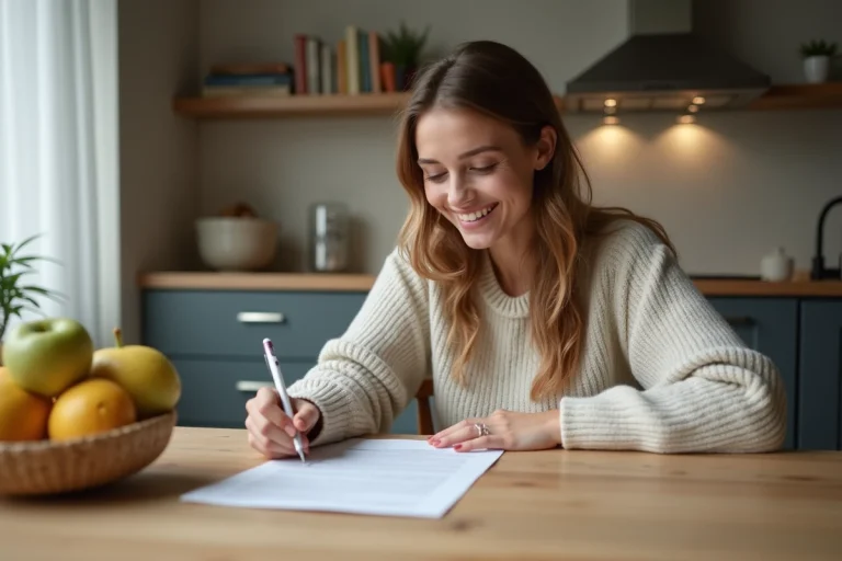 Femme souriante remplissant un contrat de pret dans une cuisine chaleureuse
