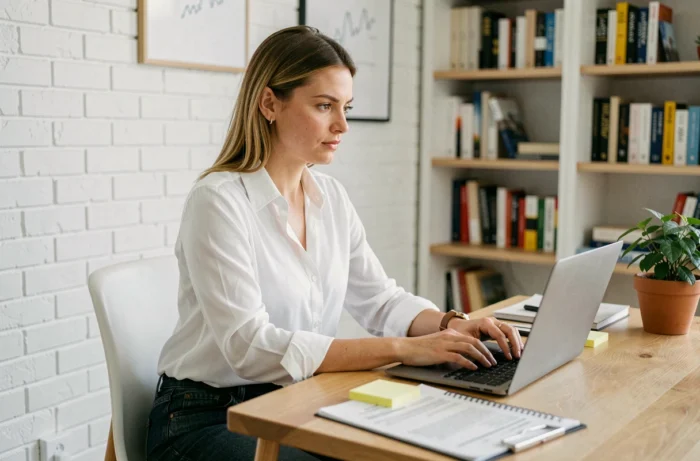 Femme en télétravail cherchant un emploi en ligne sur son ordinateur portable dans un bureau à domicile moderne