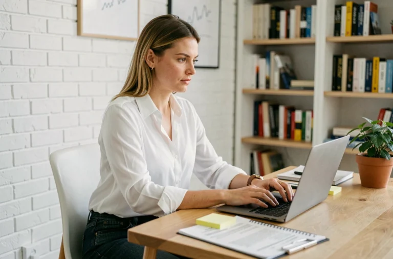 Femme en télétravail cherchant un emploi en ligne sur son ordinateur portable dans un bureau à domicile moderne