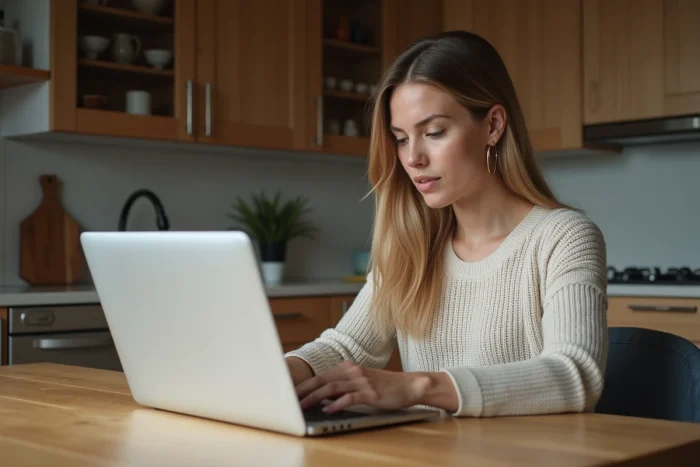 Femme assise à une table cherchant un bien immobilier sur son ordinateur