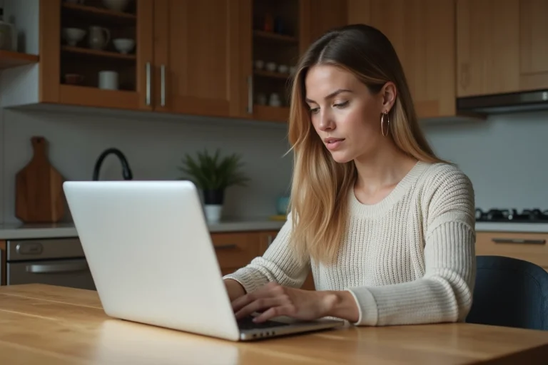 Femme assise à une table cherchant un bien immobilier sur son ordinateur