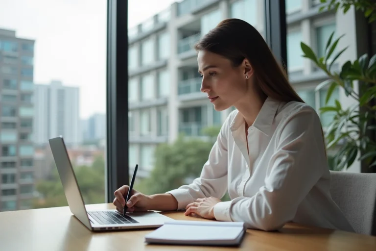 Femme en intérieur moderne recherche des annonces immobilières