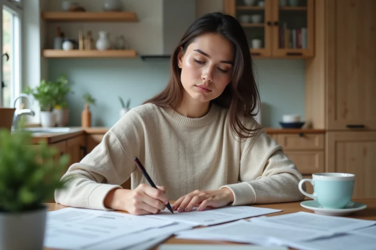 Femme assise à la cuisine remplissant un formulaire