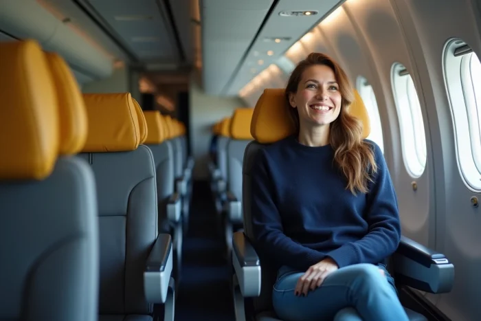 Femme souriante en avion regardant par la fenetre