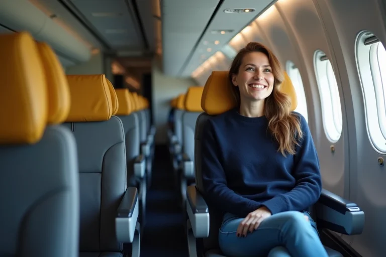 Femme souriante en avion regardant par la fenetre