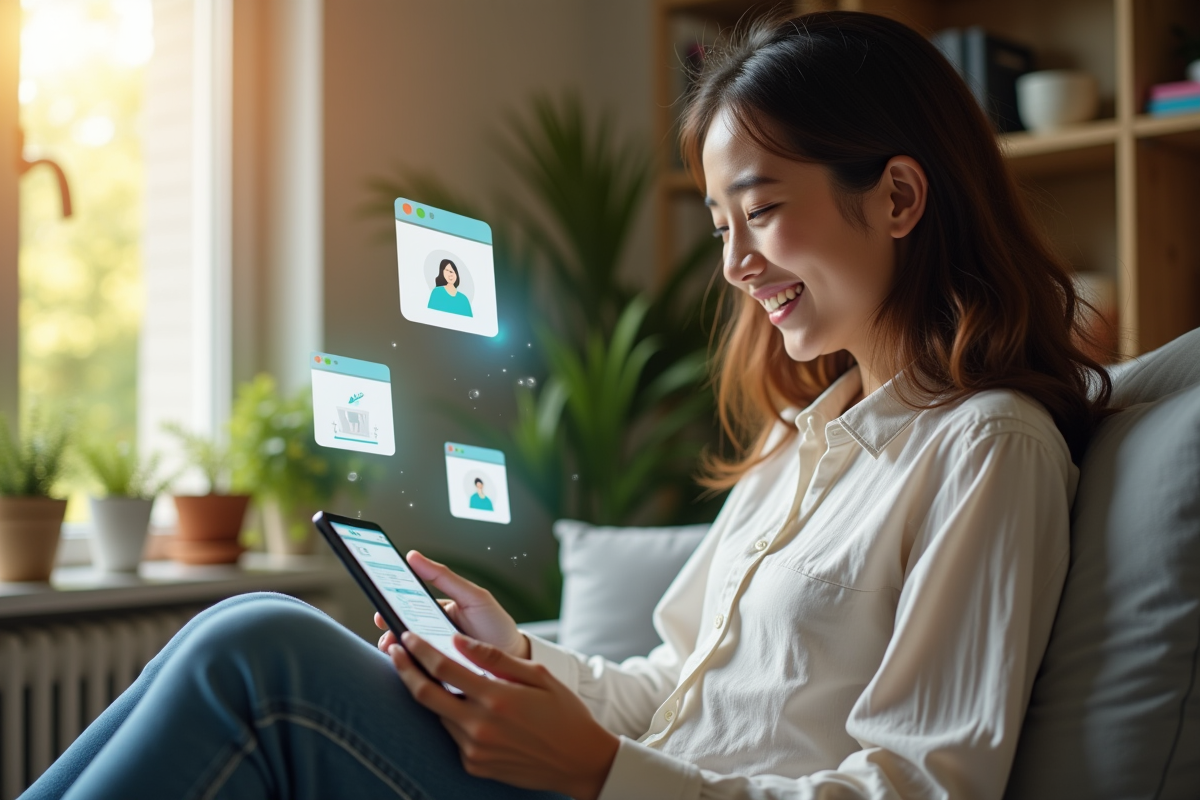 Jeune femme heureuse utilisant une tablette à la maison