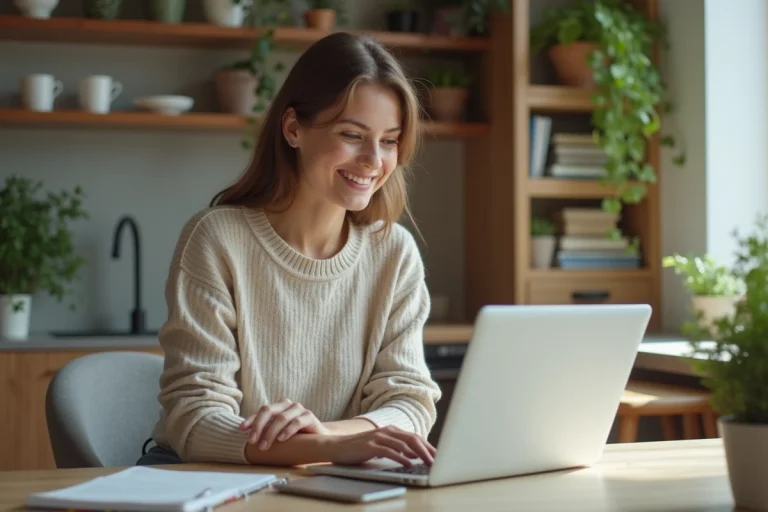 Femme souriante faisant un test de personnalité à la maison