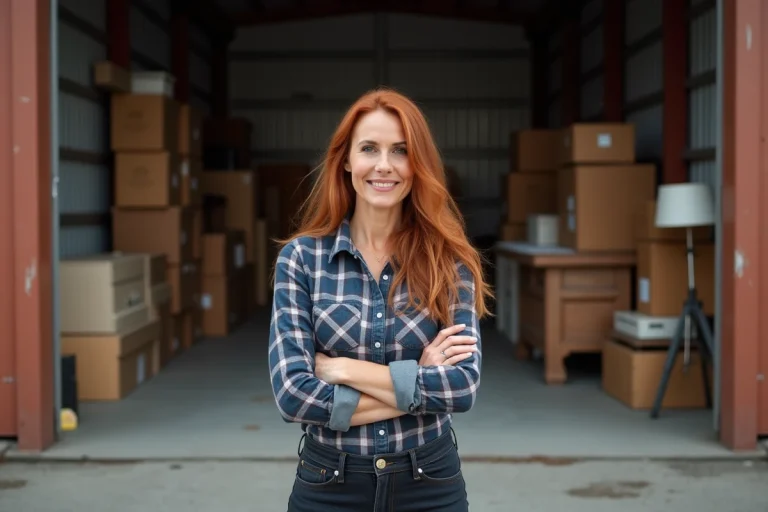 Femme souriante aux cheveux auburn devant un box de stockage dans un entrepôt, style émission de télé-réalité américaine