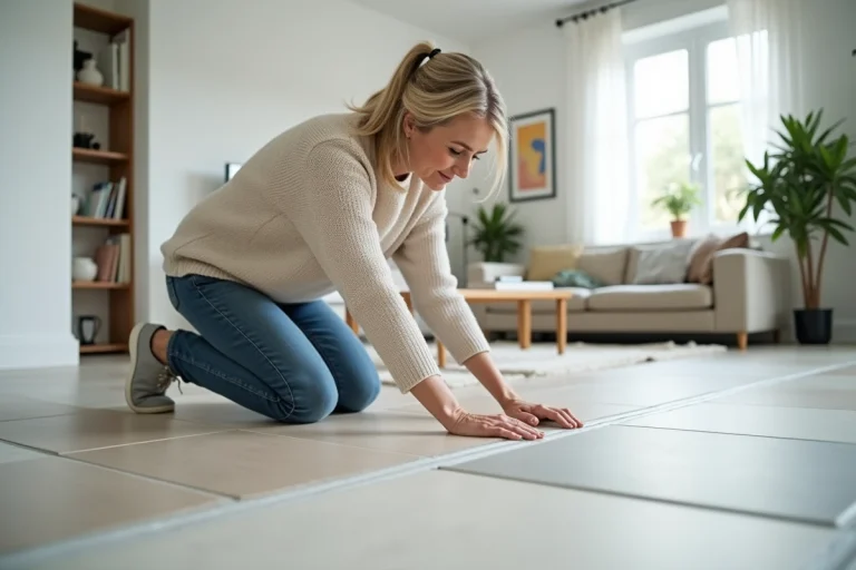 Femme vérifiant le carrelage dans un salon moderne