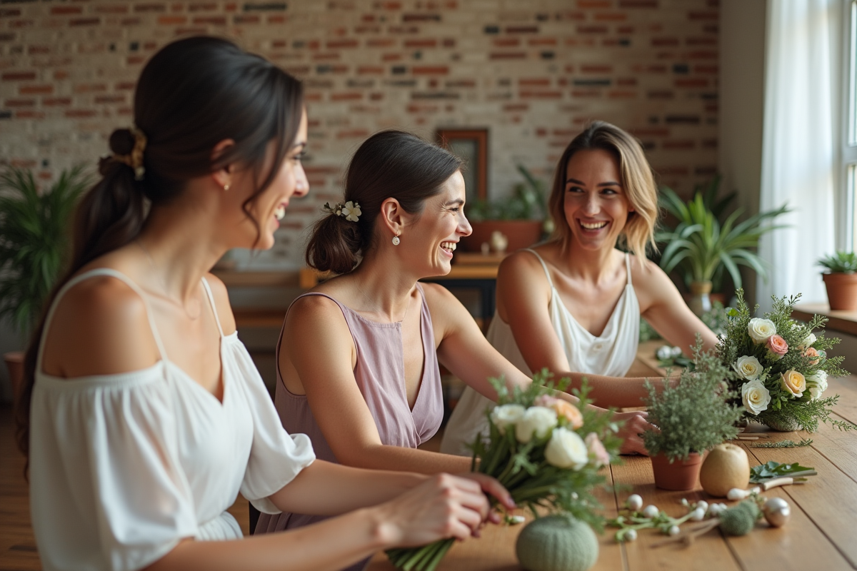 Trois femmes créant un bouquet dans une salle chaleureuse