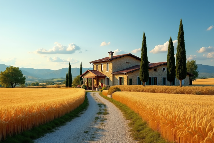 Ferme rustique italienne entourée de champs de blé doré