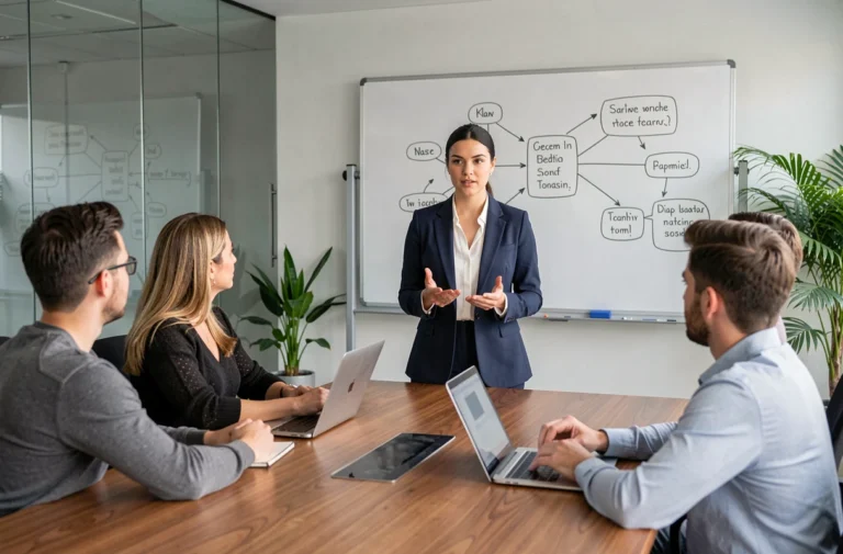 Formatrice présentant une session de formation professionnelle à une équipe dans une salle de réunion moderne